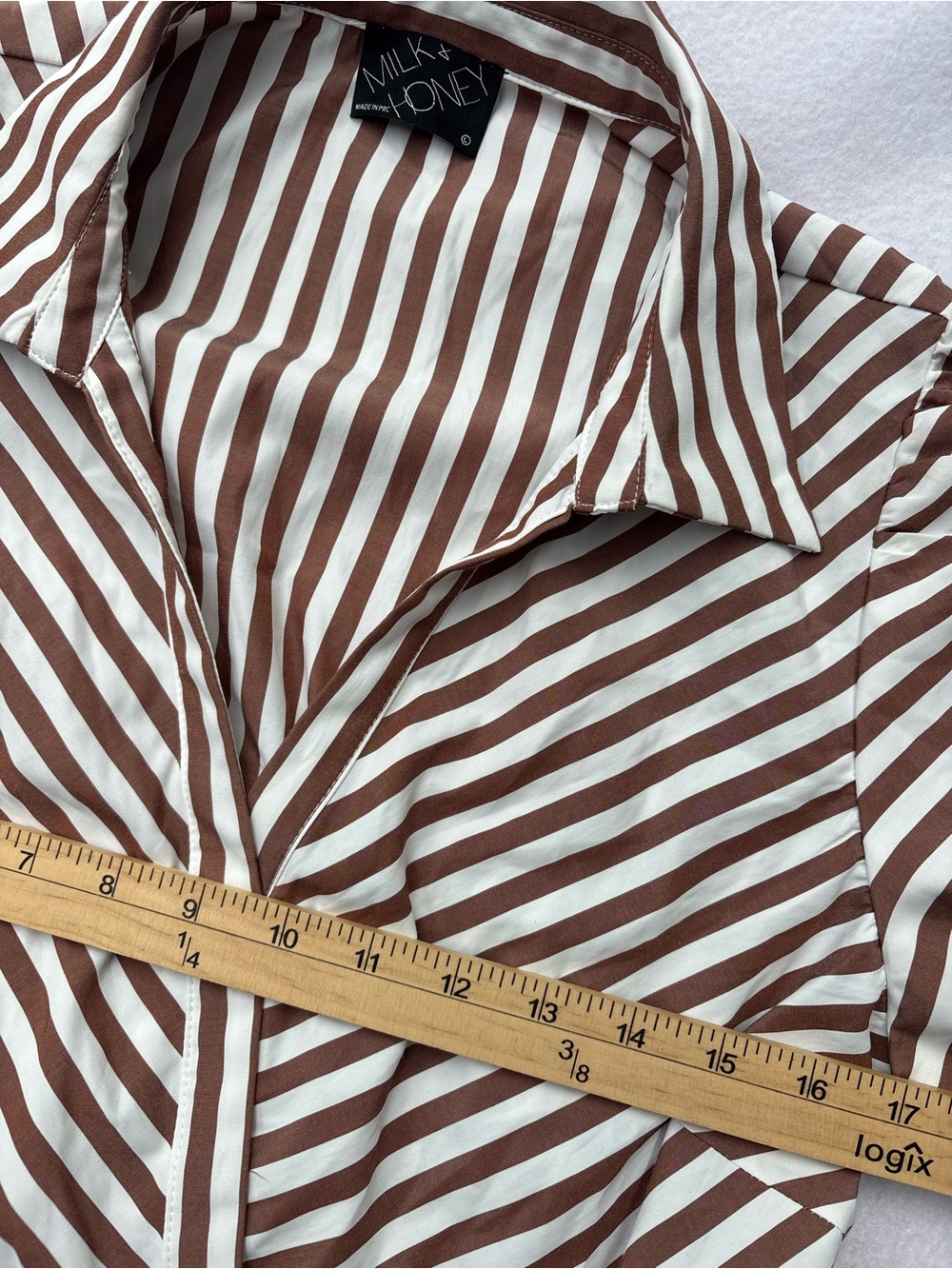 Striped Wrap Tie Blouse in Brown & White - Picture 3 of 8